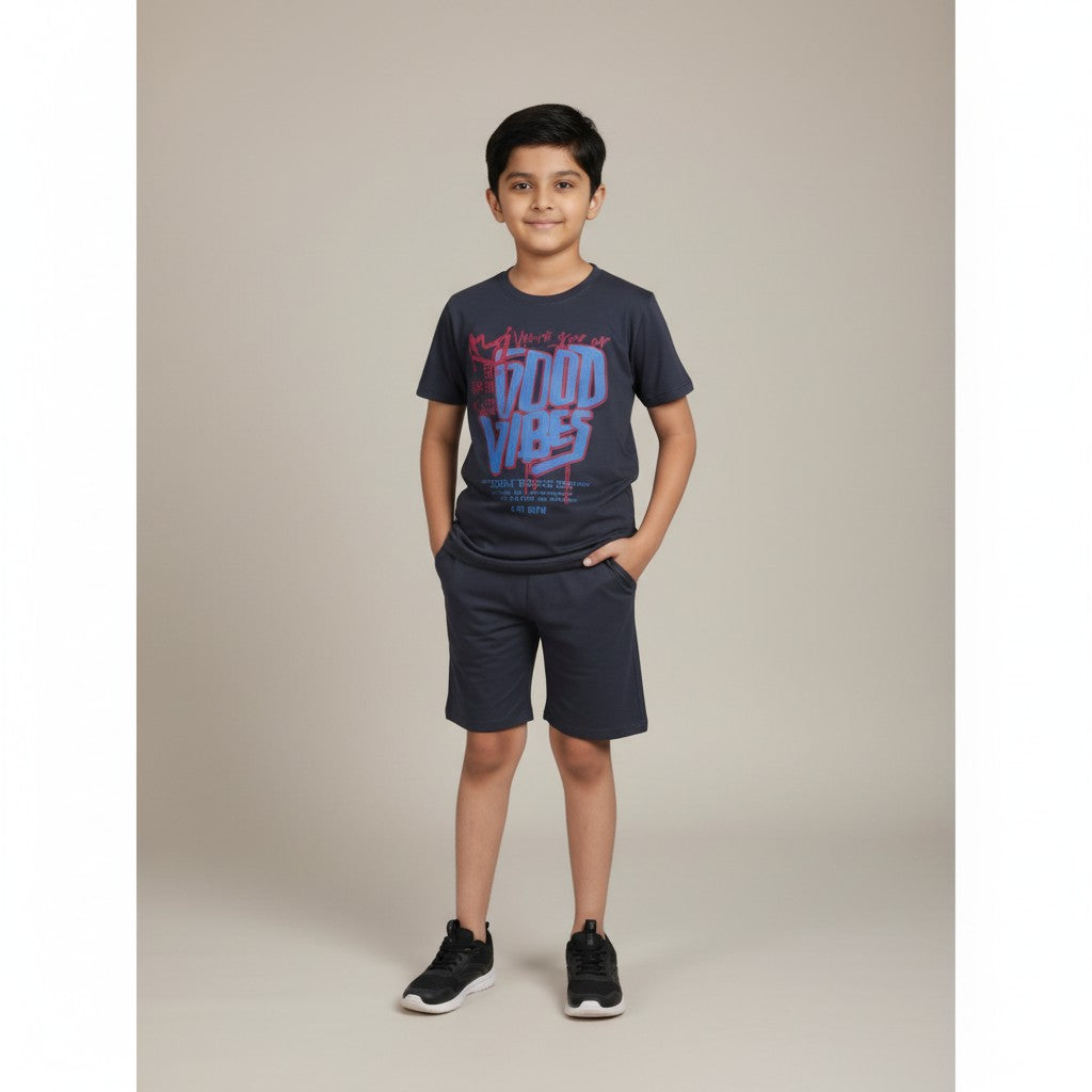 Boys Charcoal Grey “Good Vibes” Printed Co-ord Set – T-Shirt & Shorts Set