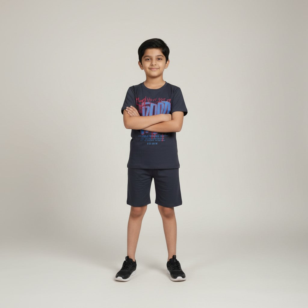 Boys Charcoal Grey “Good Vibes” Printed Co-ord Set – T-Shirt & Shorts Set