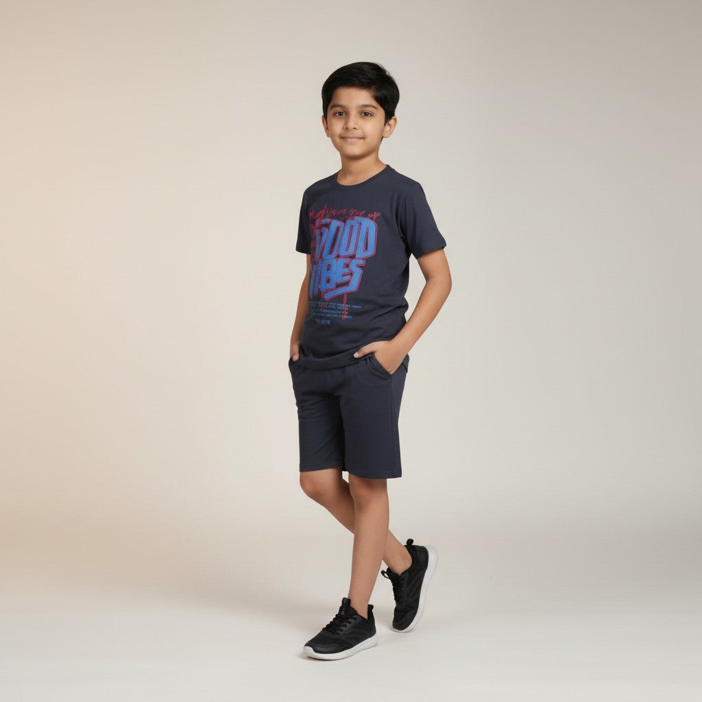 Boys Charcoal Grey “Good Vibes” Printed Co-ord Set – T-Shirt & Shorts Set