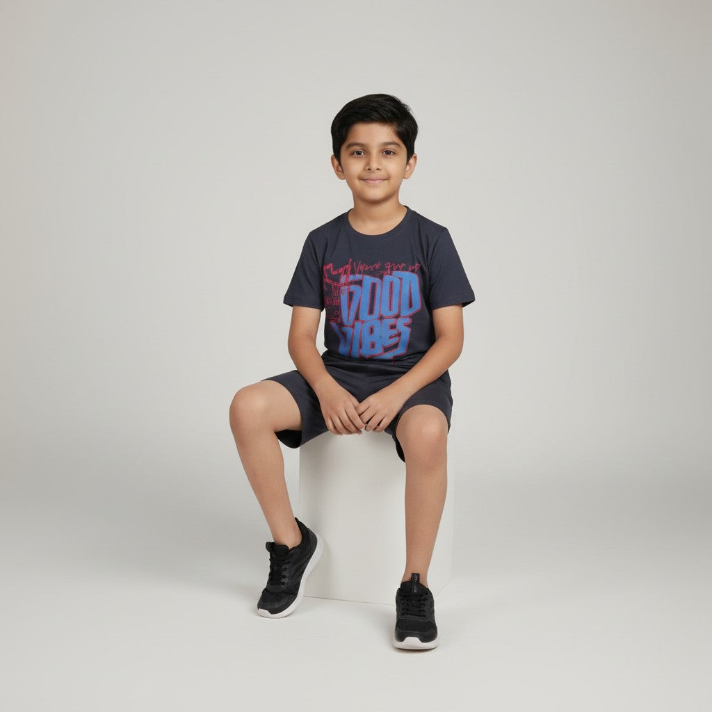 Boys Charcoal Grey “Good Vibes” Printed Co-ord Set – T-Shirt & Shorts Set