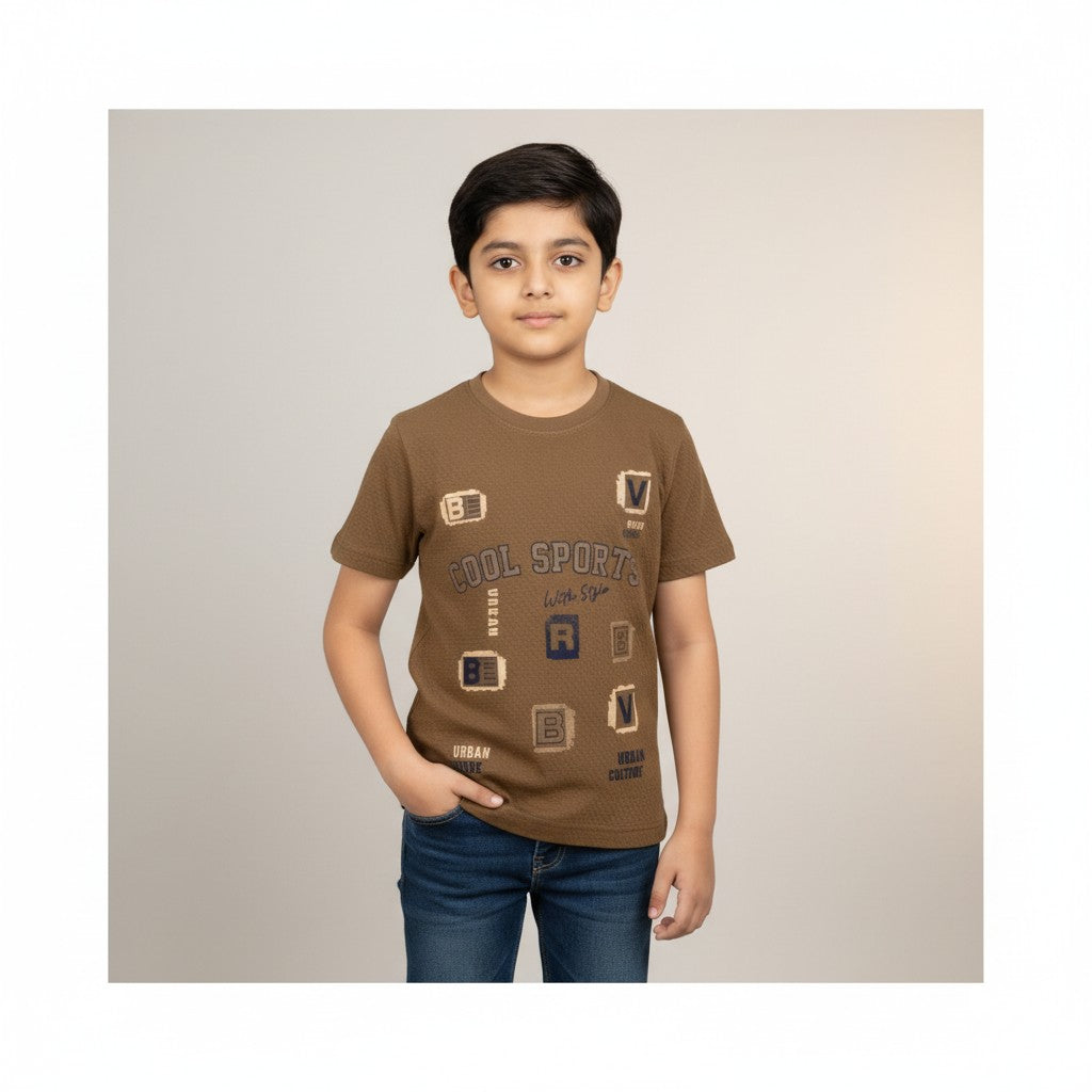 Boys Brown “Cool Sports” Printed T-Shirt