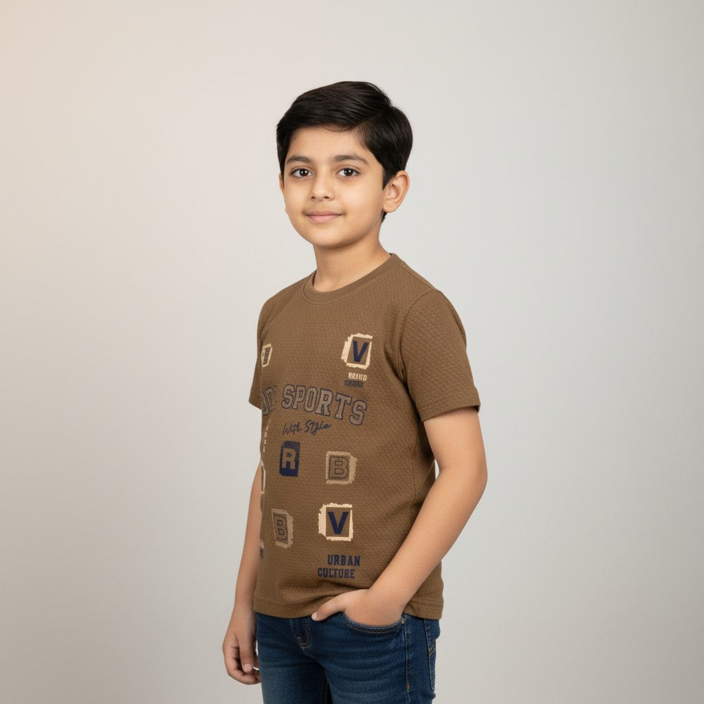 Boys Brown “Cool Sports” Printed T-Shirt