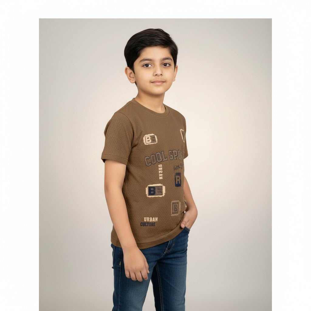 Boys Brown “Cool Sports” Printed T-Shirt