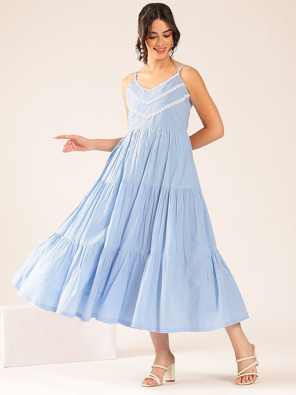 Pink Mul Cotton Tiered Maxi Dress with Inner