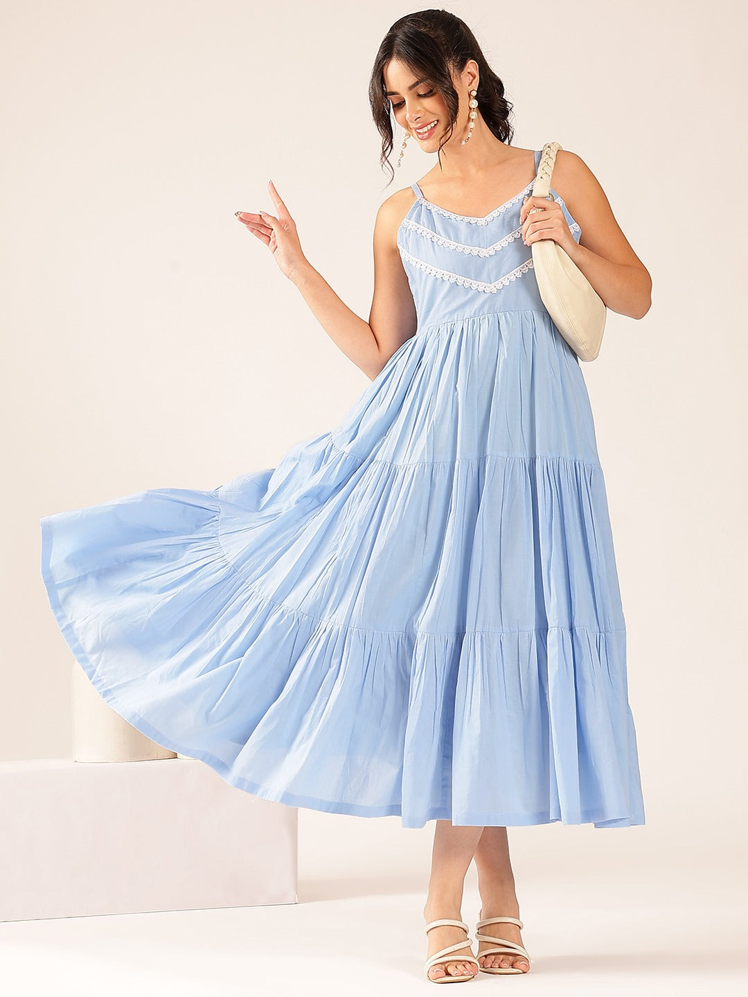 Pink Mul Cotton Tiered Maxi Dress with Inner
