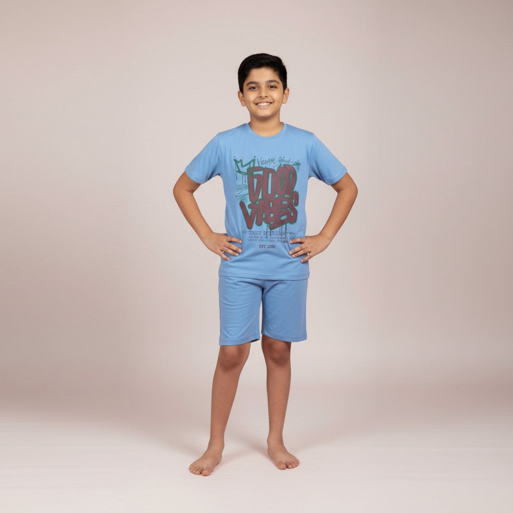 Boys Sky Blue Printed Co-ord Set – T-Shirt & Shorts Set