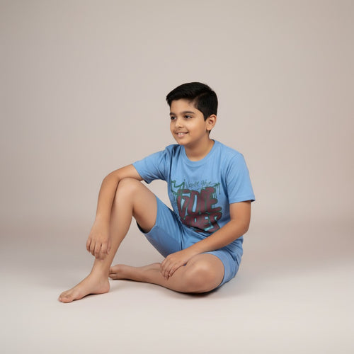 Boys Sky Blue Printed Co-ord Set – T-Shirt & Shorts Set