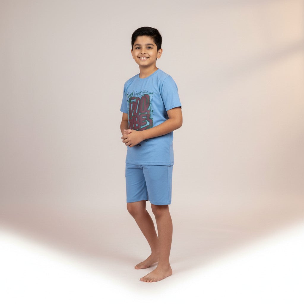 Boys Sky Blue Printed Co-ord Set – T-Shirt & Shorts Set