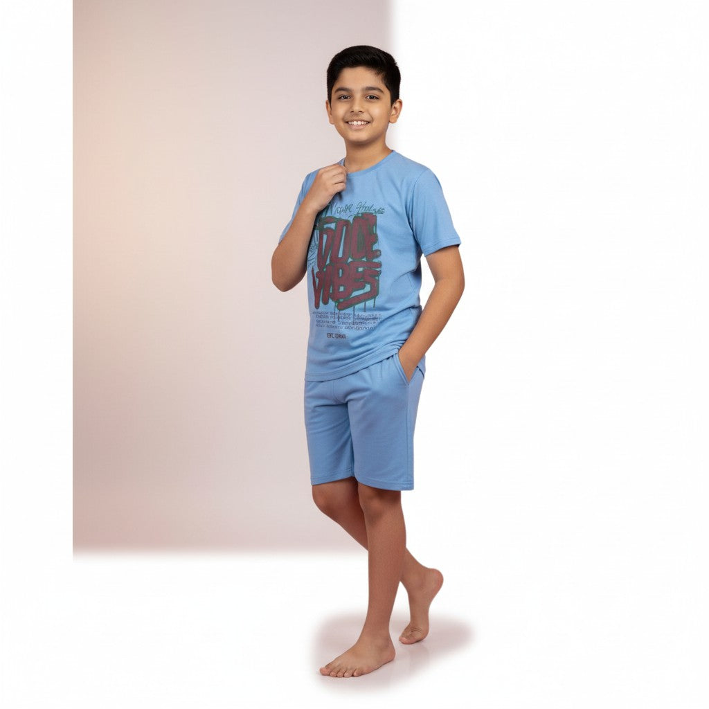 Boys Sky Blue Printed Co-ord Set – T-Shirt & Shorts Set
