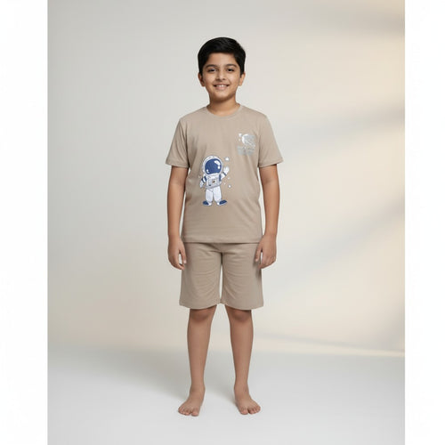 Boys Beige Space Printed Co-ord Set – T-Shirt & Shorts Set