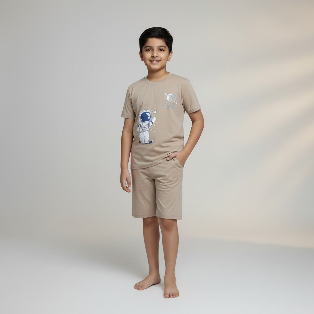 Boys Beige Space Printed Co-ord Set – T-Shirt & Shorts Set