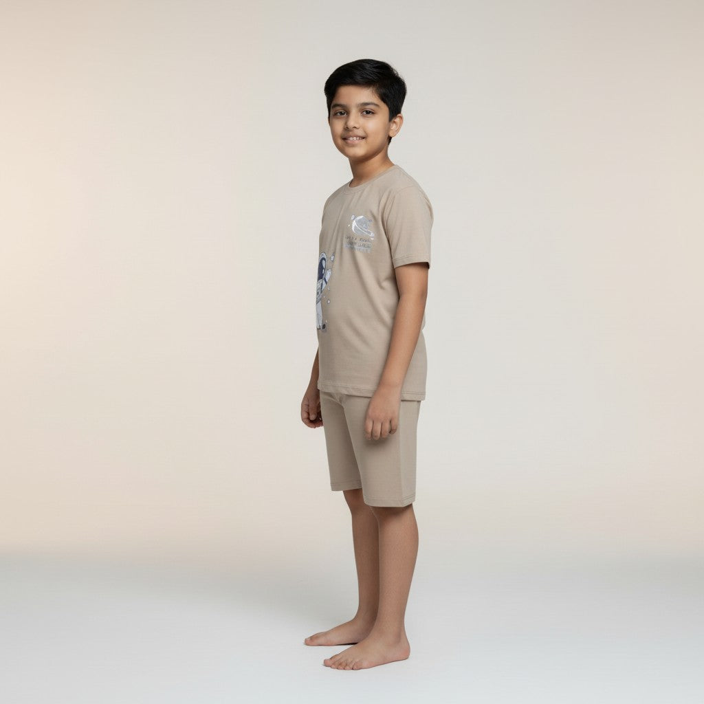 Boys Beige Space Printed Co-ord Set – T-Shirt & Shorts Set