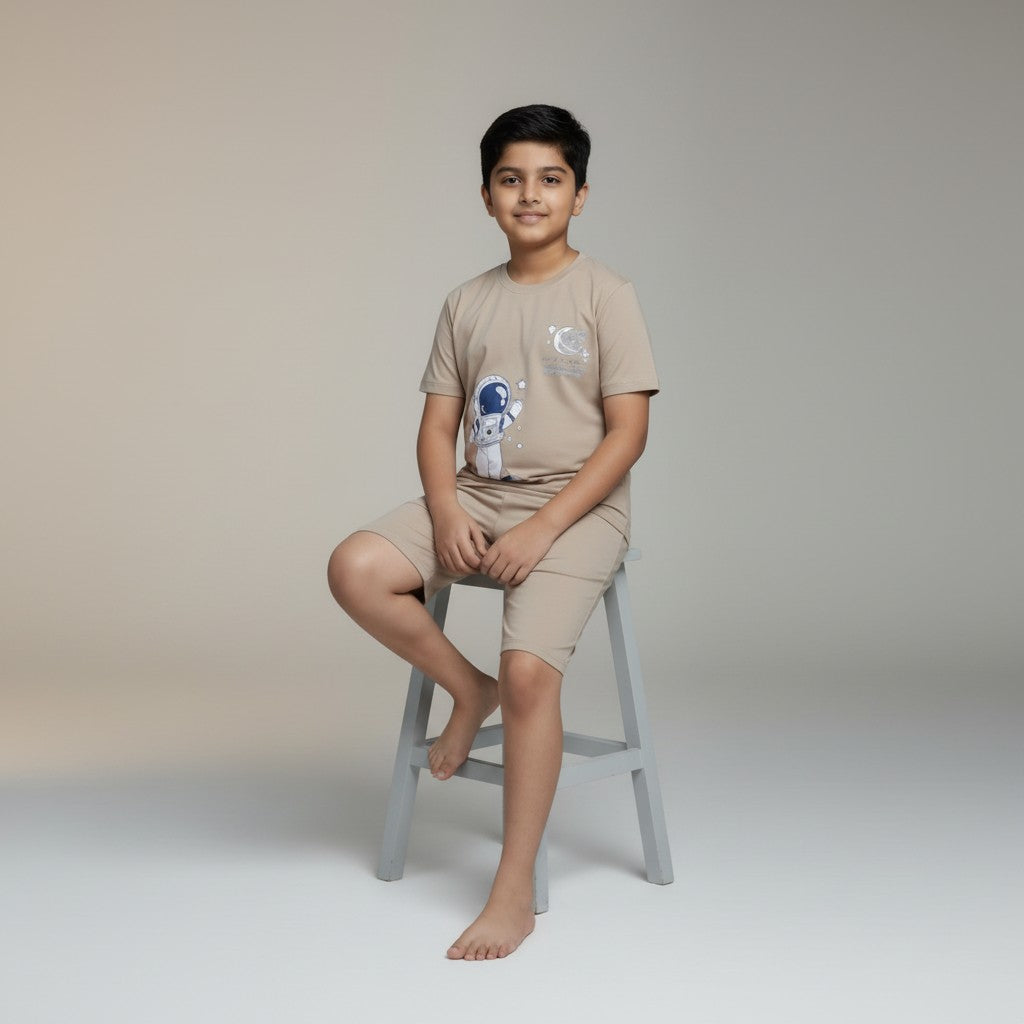 Boys Beige Space Printed Co-ord Set – T-Shirt & Shorts Set