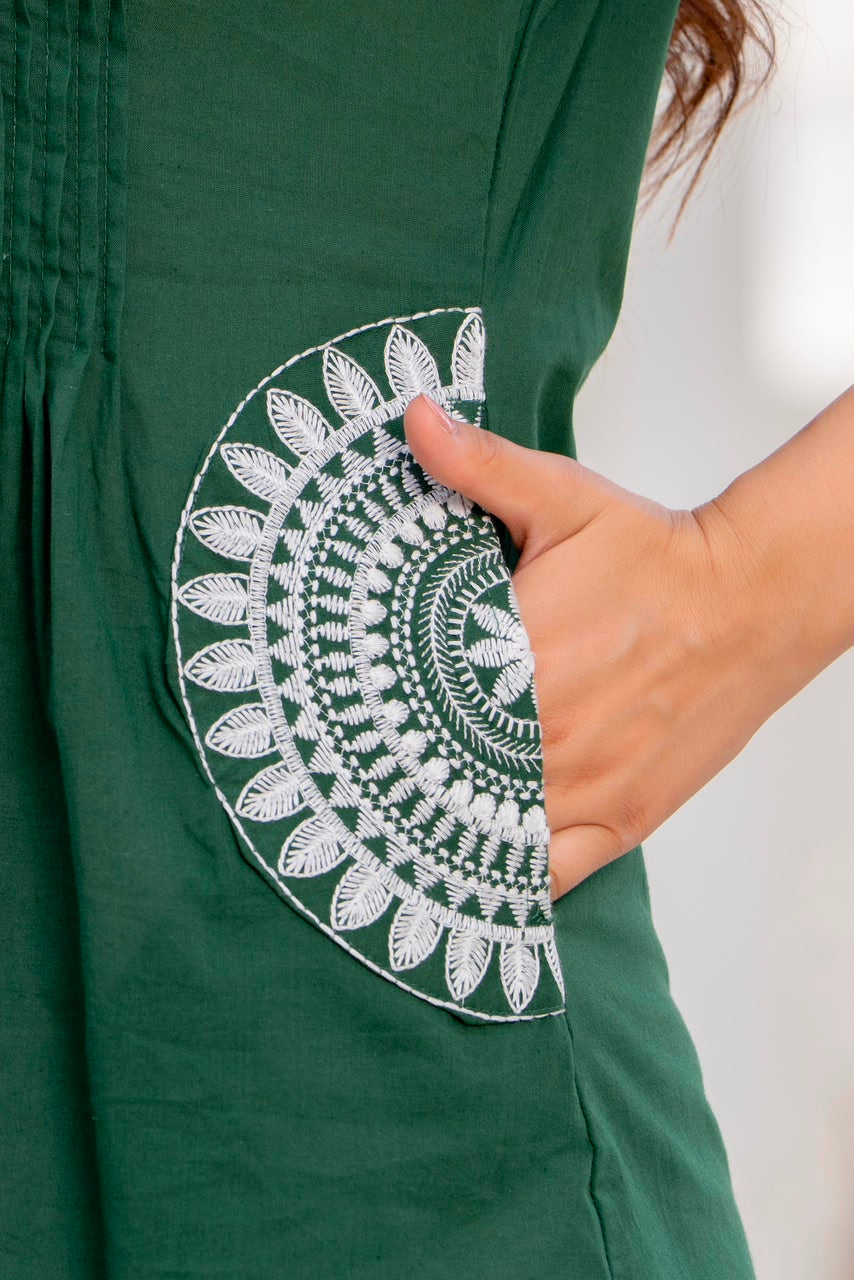 Bottle Green Cotton 60x60 Embroidered Women's Top