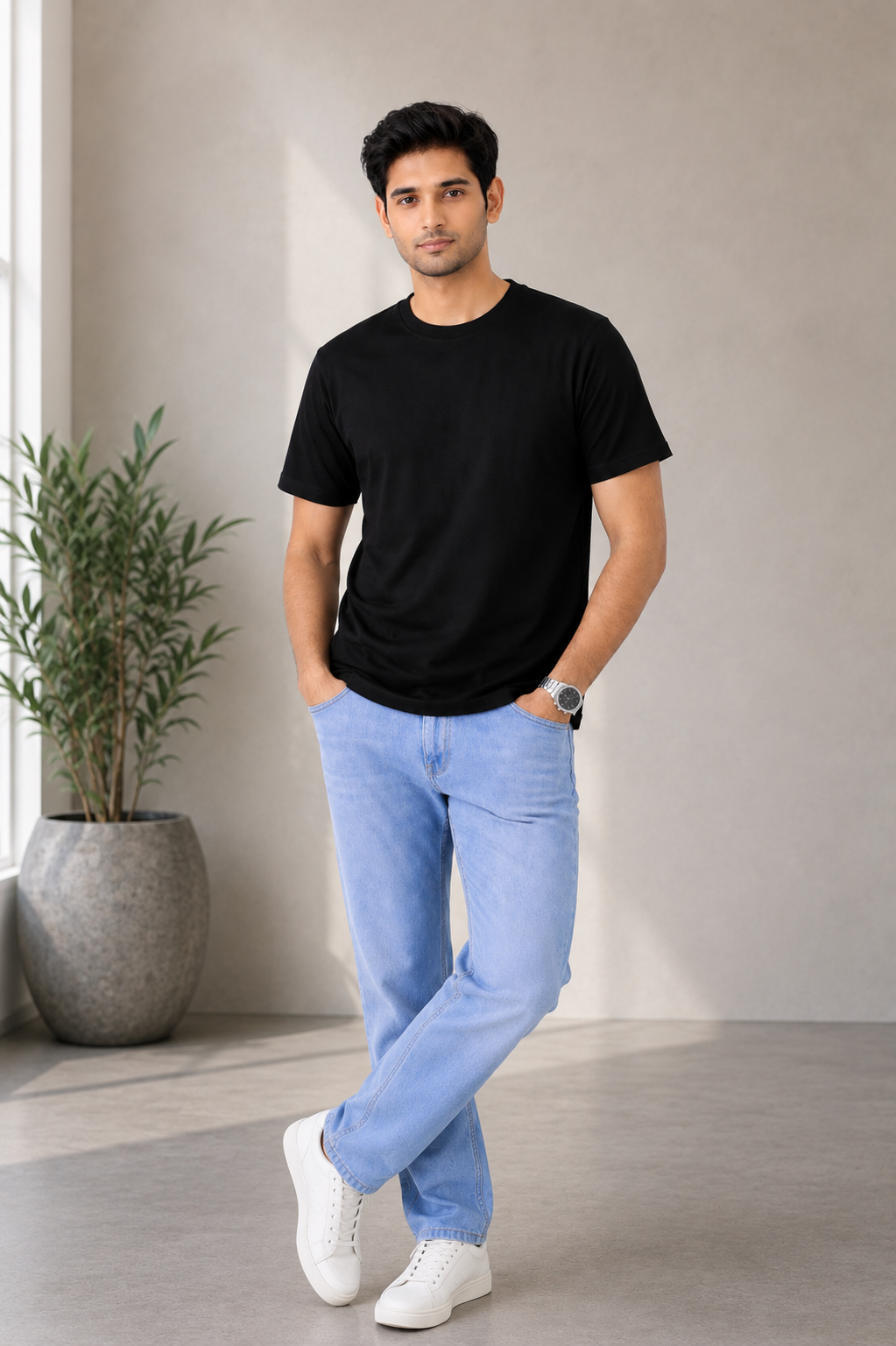Man wearing a black t-shirt, light blue jeans, and white sneakers in a minimalistic room.