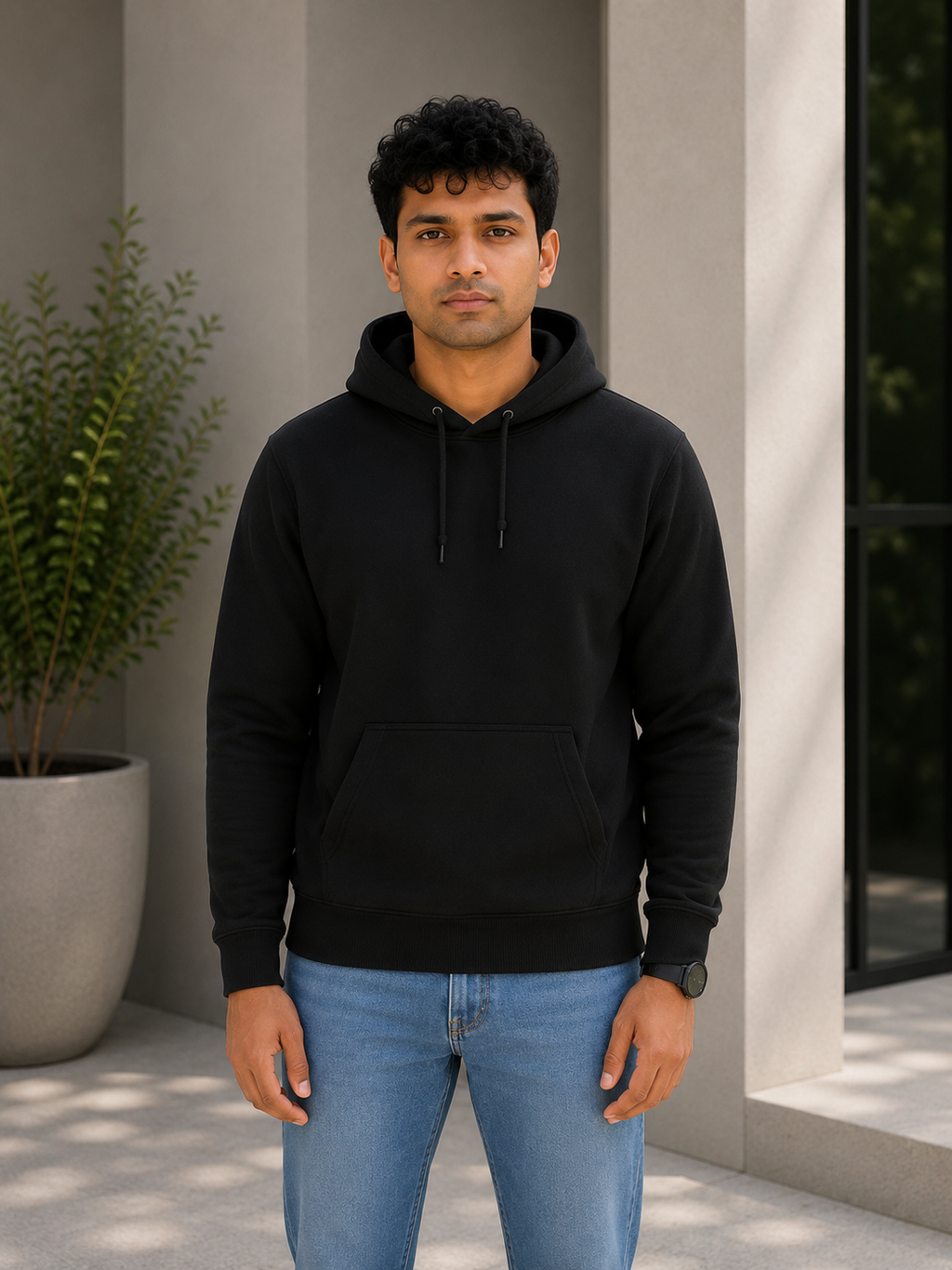 Man wearing a black hoodie and blue jeans standing outdoors.