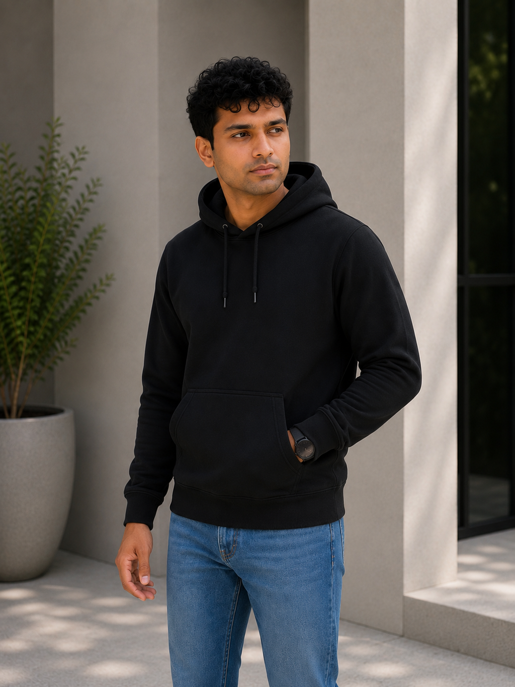 Man wearing a black hoodie and blue jeans standing outdoors.