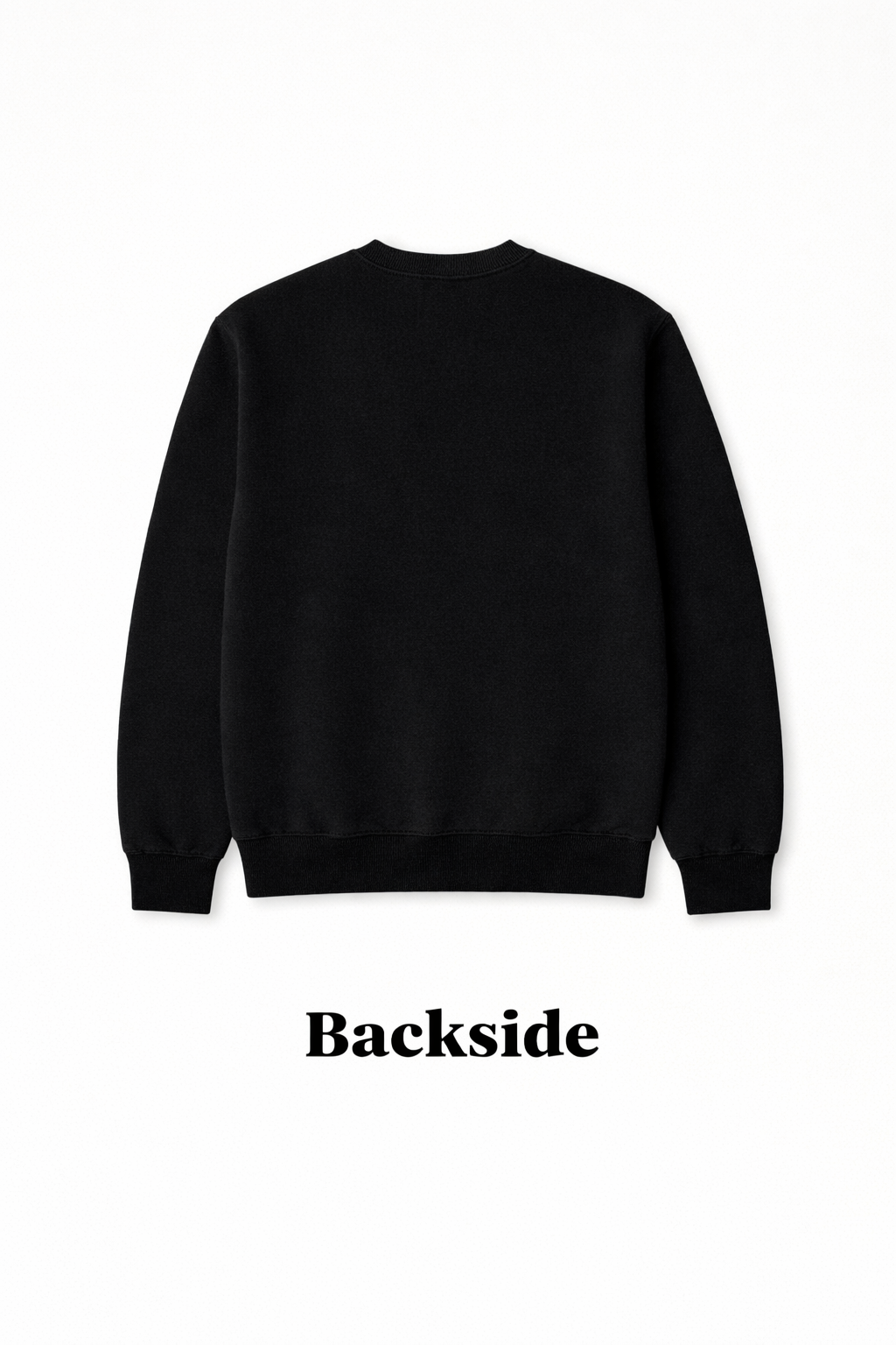 Black sweatshirt on a white background with 'Backside' text