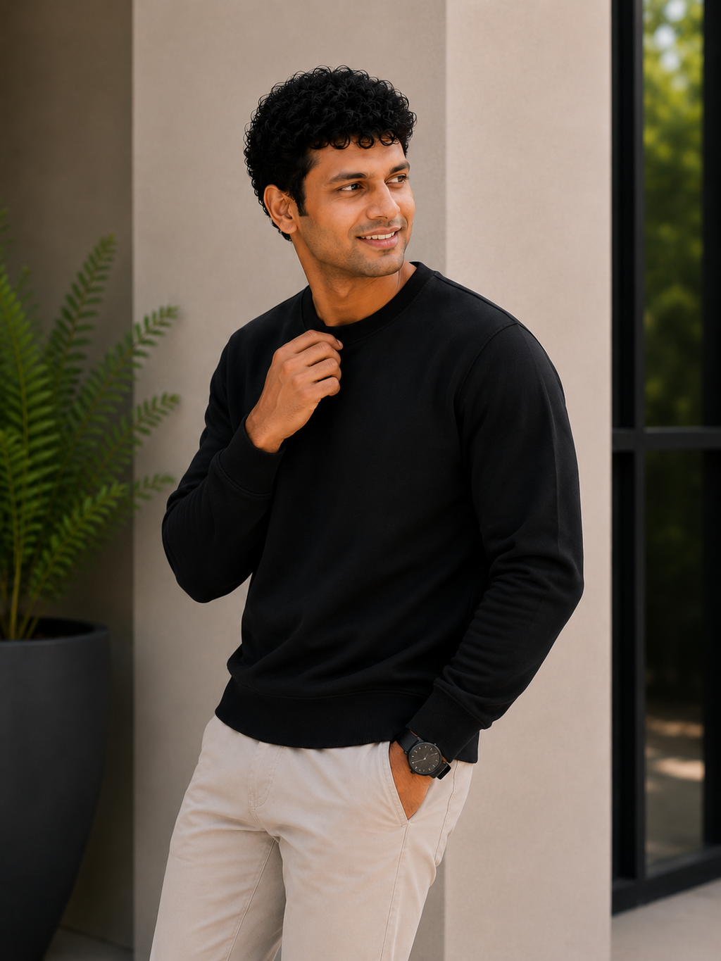 Man wearing a black sweater and light-colored pants standing indoors.