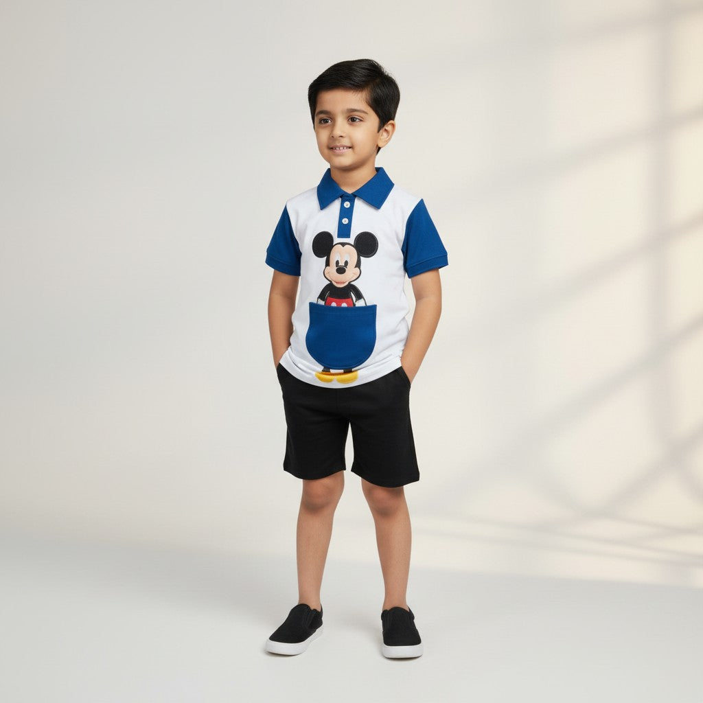 Boys Mickey Print Polo T-Shirt & Shorts Co-ord Set – Blue & White