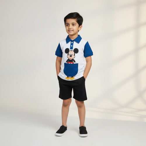 Boys Mickey Print Polo T-Shirt & Shorts Co-ord Set – Blue & White