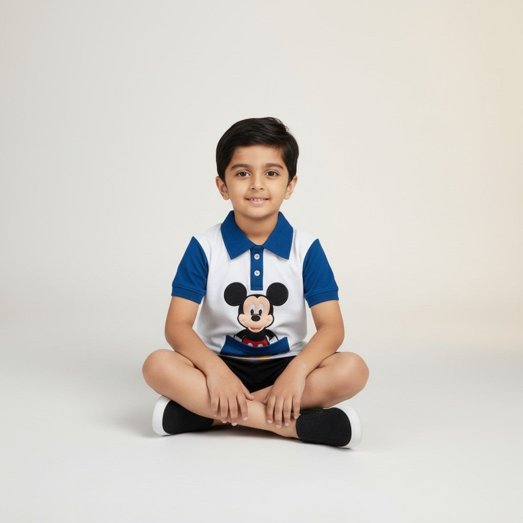 Boys Mickey Print Polo T-Shirt & Shorts Co-ord Set – Blue & White