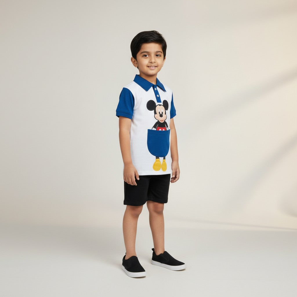 Boys Mickey Print Polo T-Shirt & Shorts Co-ord Set – Blue & White