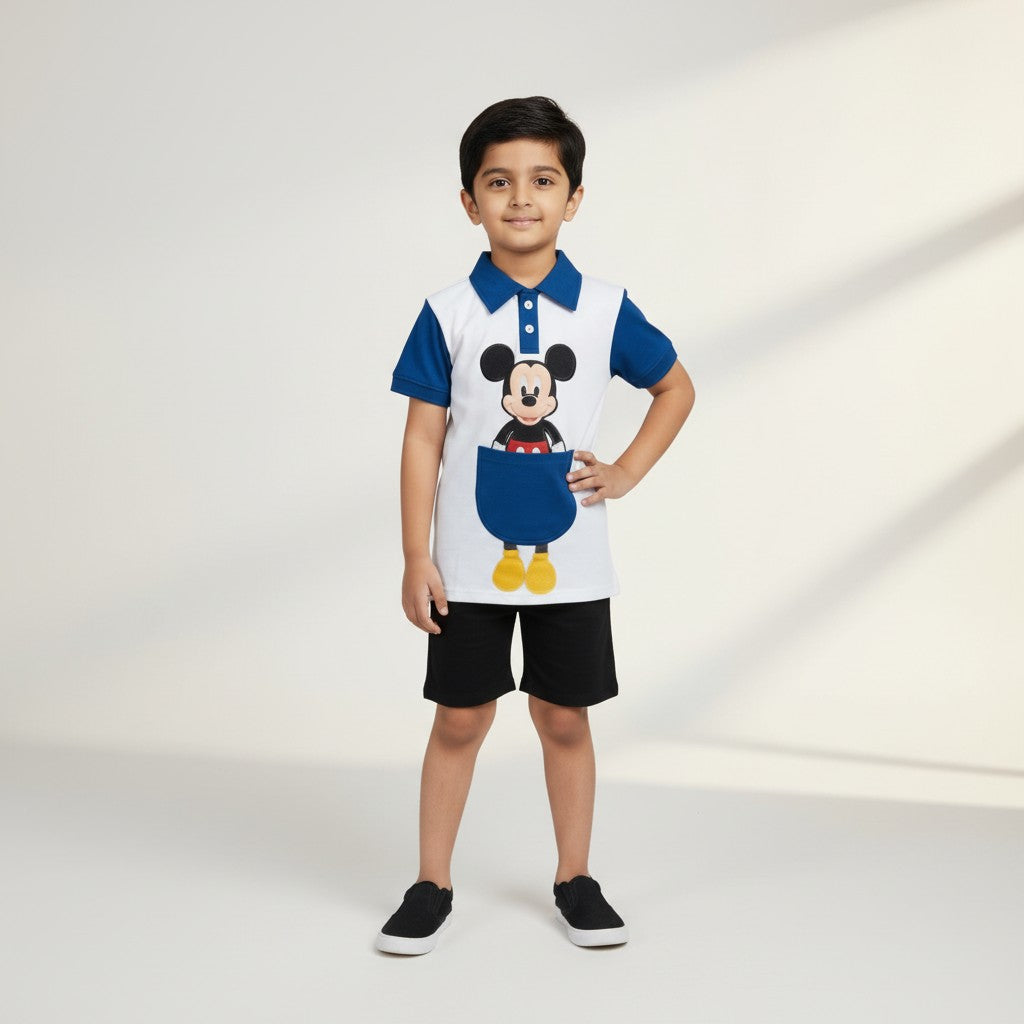 Boys Mickey Print Polo T-Shirt & Shorts Co-ord Set – Blue & White
