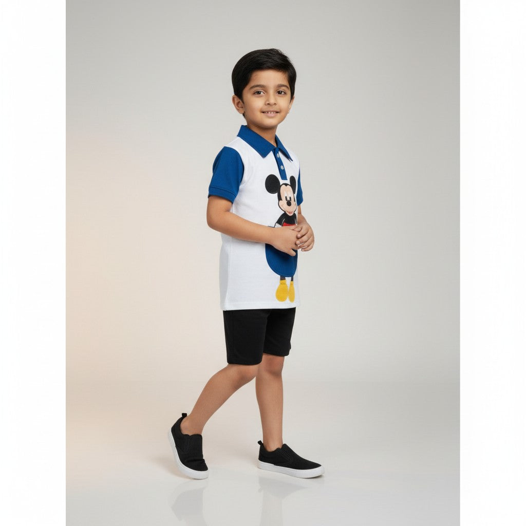 Boys Mickey Print Polo T-Shirt & Shorts Co-ord Set – Blue & White