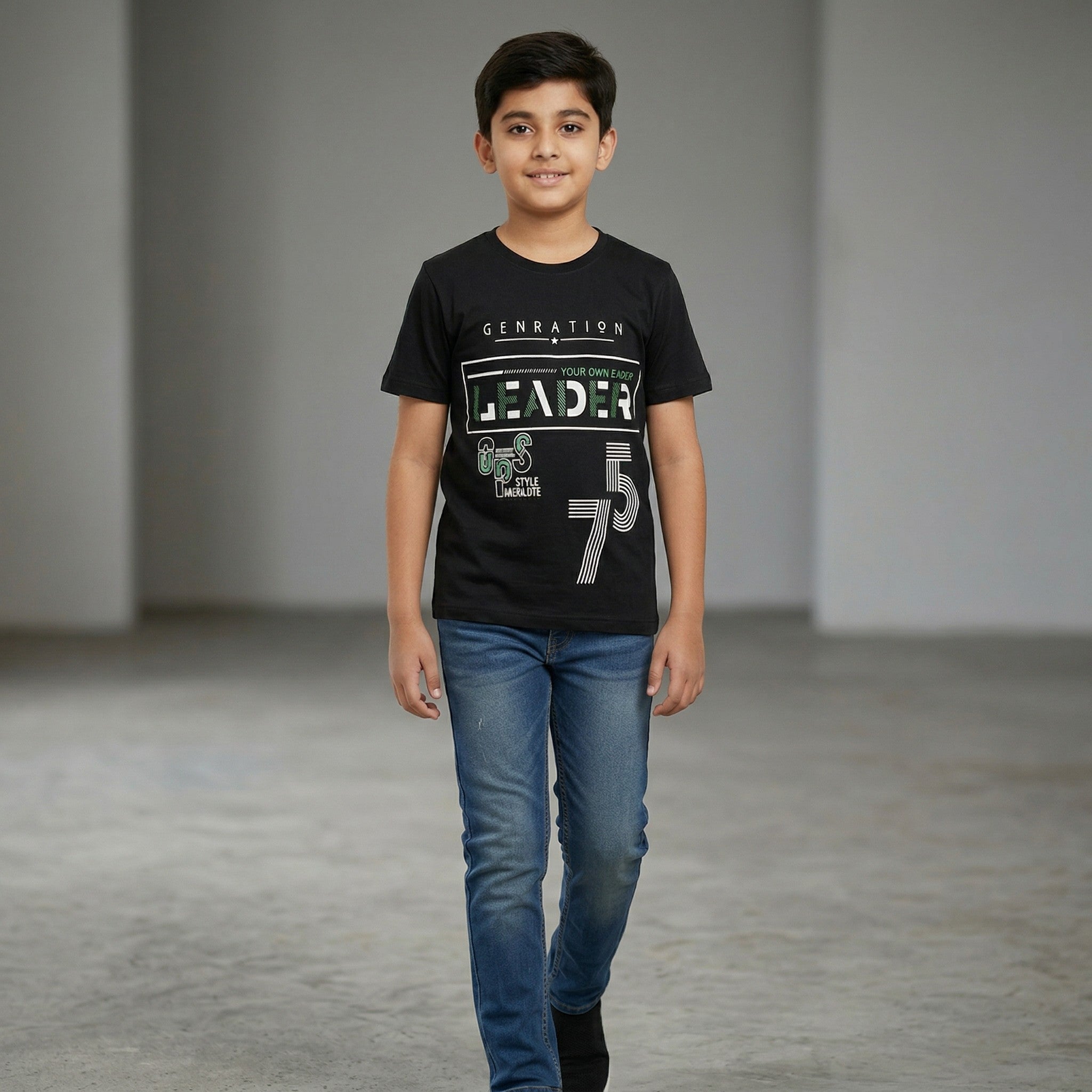 Boys Black Graphic Printed T-Shirt – “Generation Leader 75”