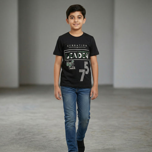 Boys Black Graphic Printed T-Shirt – “Generation Leader 75”