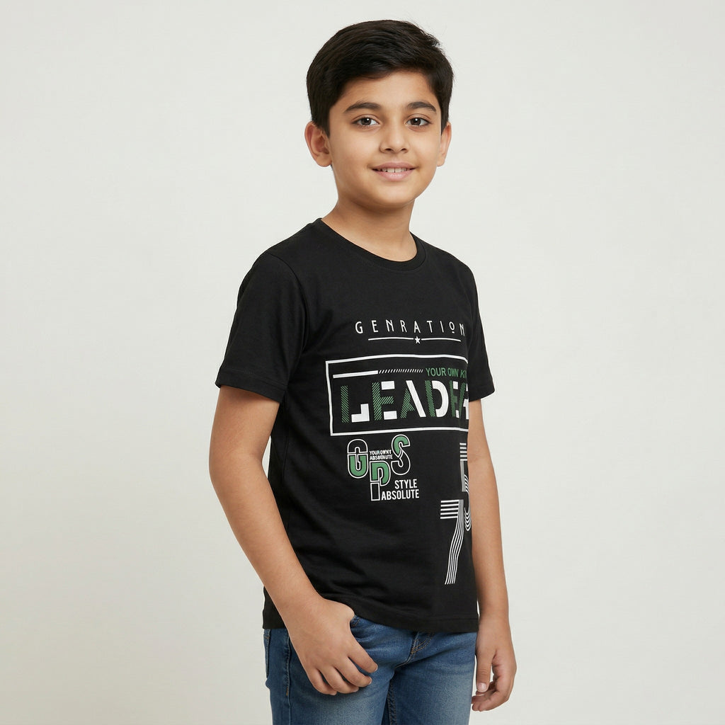 Boys Black Graphic Printed T-Shirt – “Generation Leader 75”