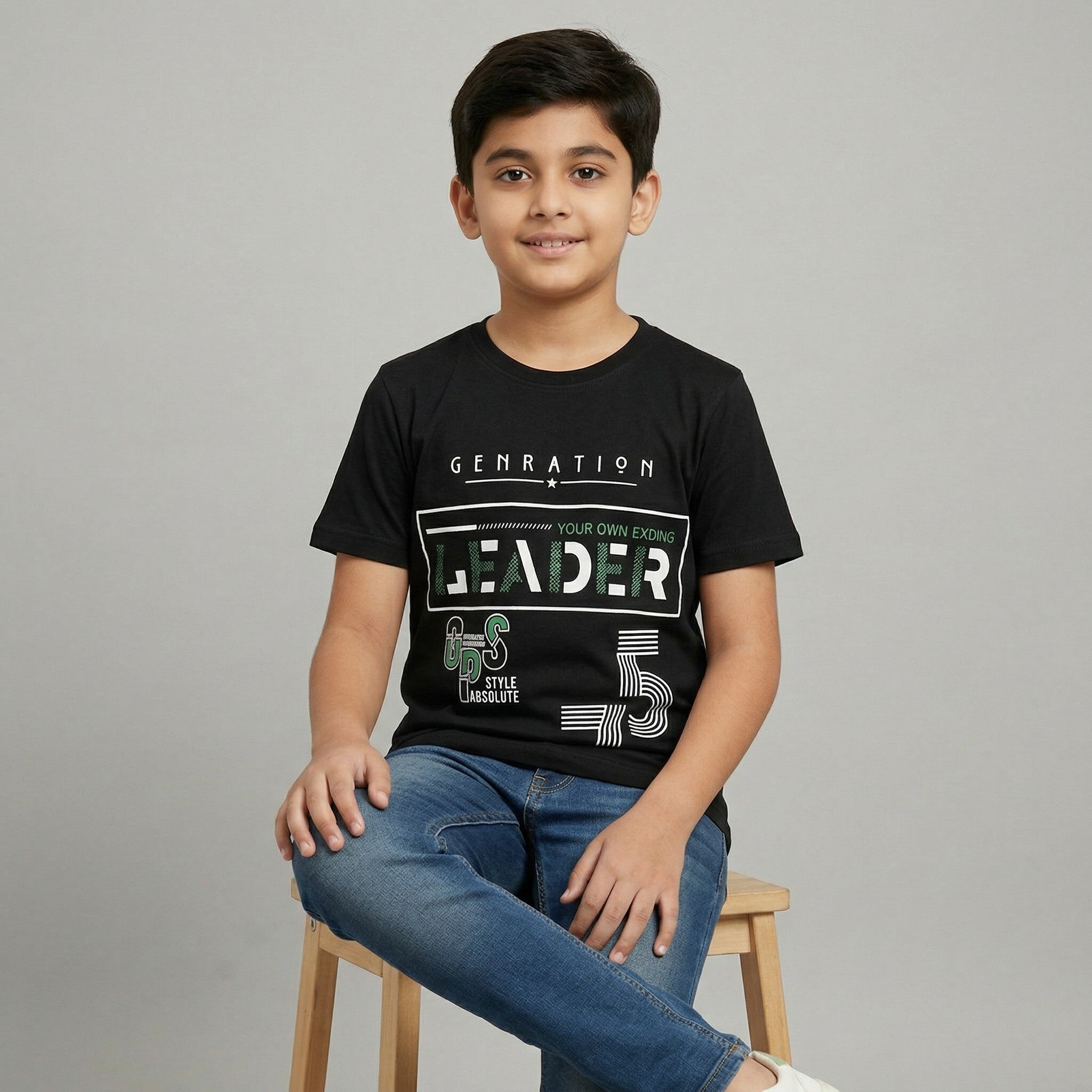 Boys Black Graphic Printed T-Shirt – “Generation Leader 75”