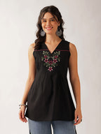 Women's White Embroidered Cotton Sleeveless Tunic Top