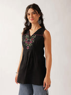 Women's White Embroidered Cotton Sleeveless Tunic Top