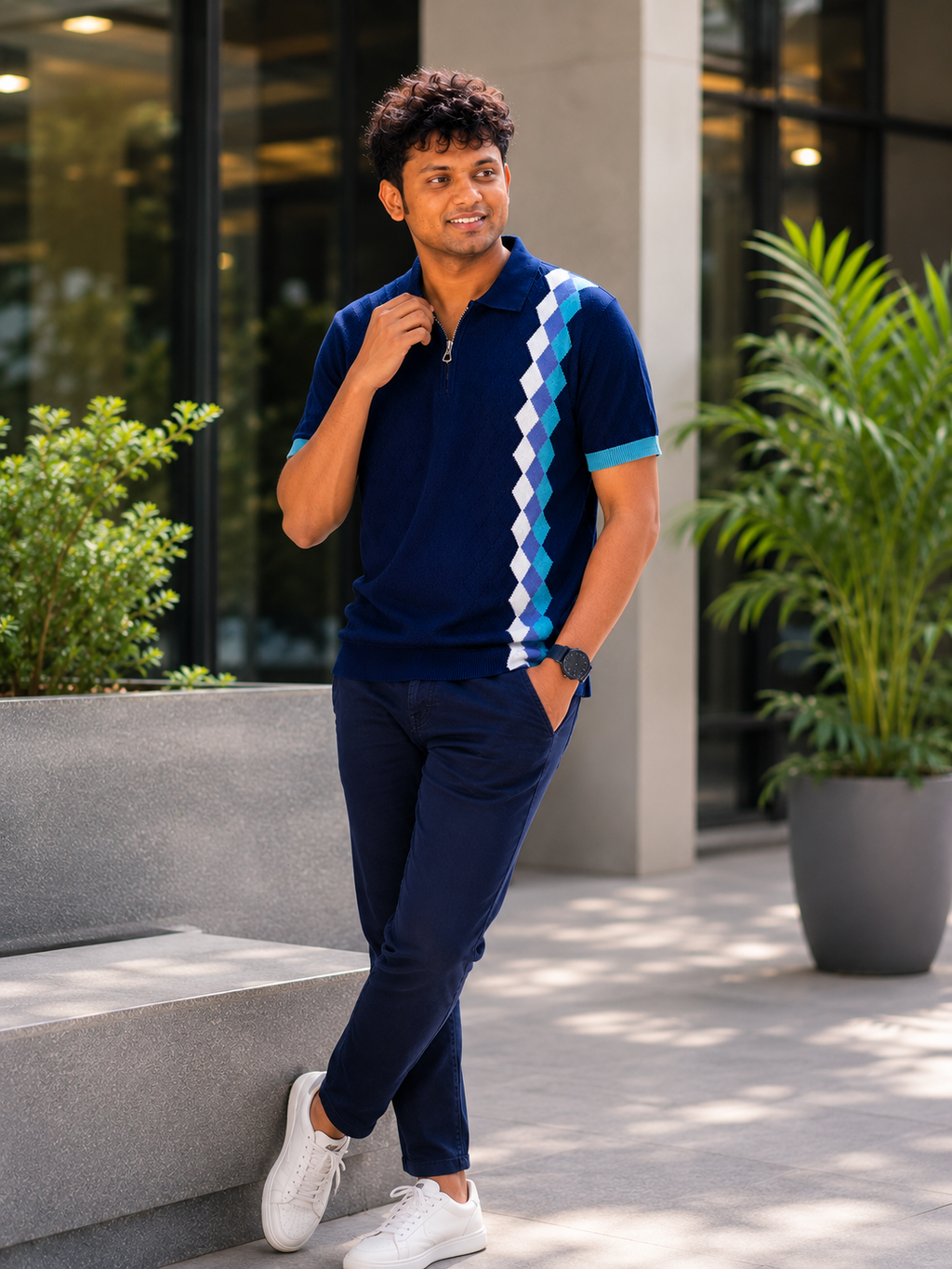 Premium Cotton Textured Polo T-Shirt for Men | Zip Neck Knit Polo