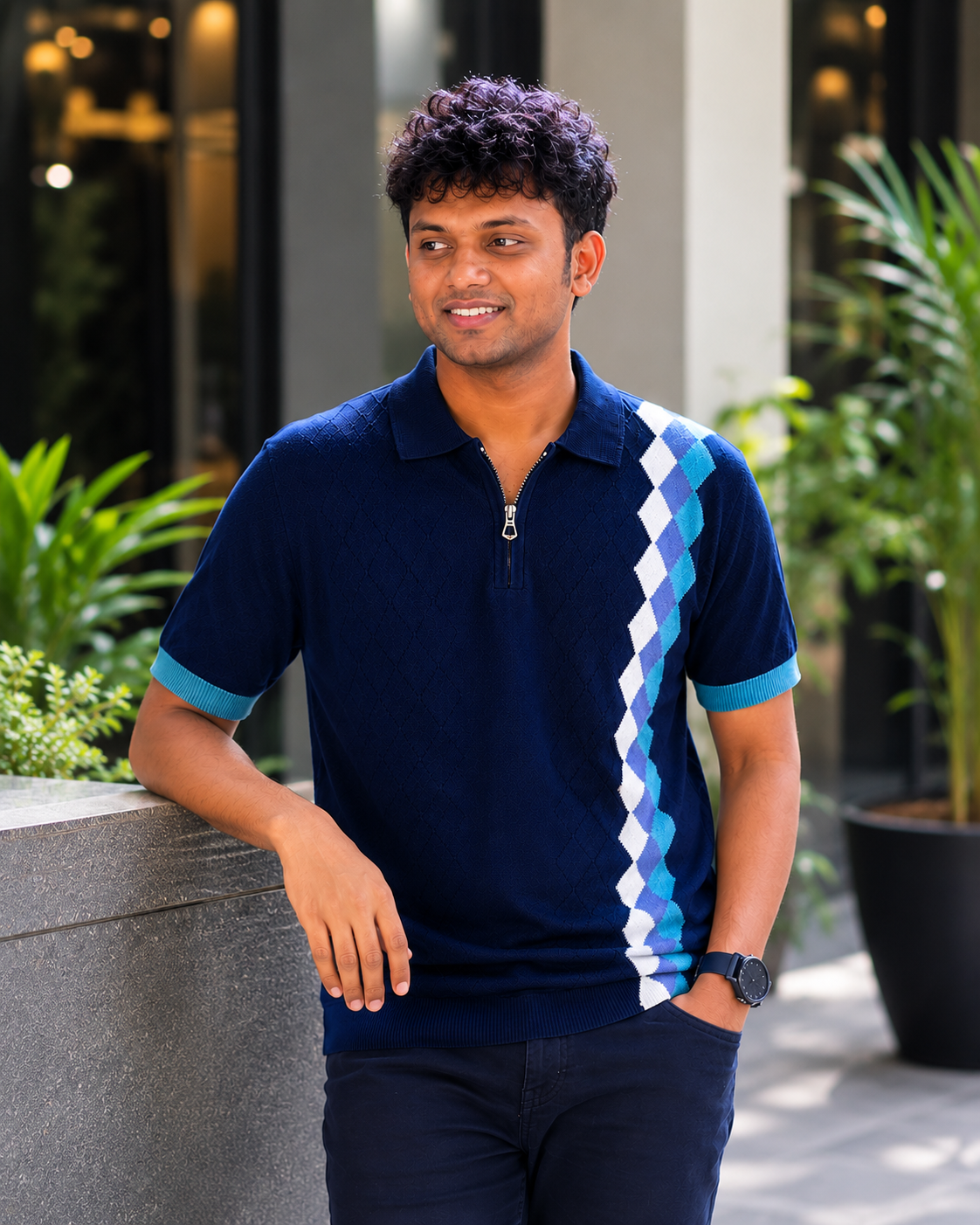 Premium Cotton Textured Polo T-Shirt for Men | Zip Neck Knit Polo