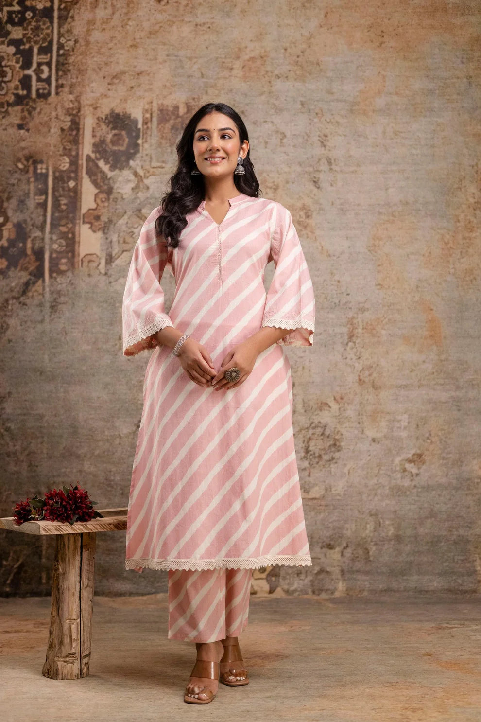 Blush Pink Striped Cotton Kurta Set for Women – Elegant Summer Co-Ord