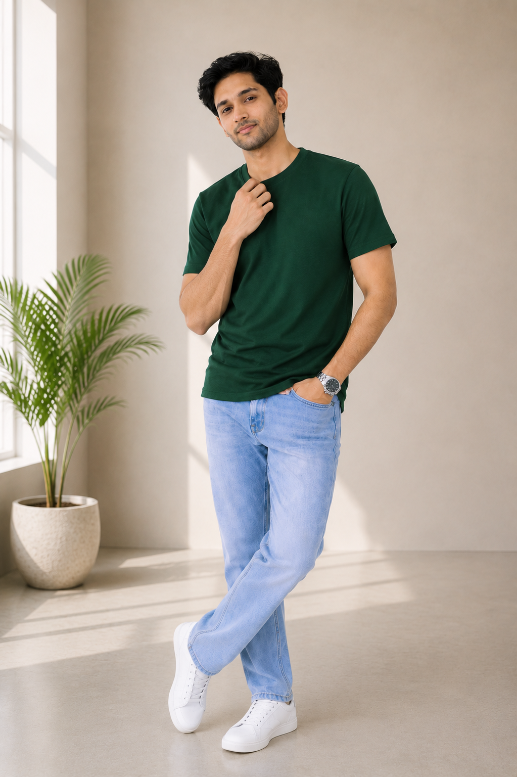 Man wearing a green t-shirt and light blue jeans standing in a well-lit room with a plant.