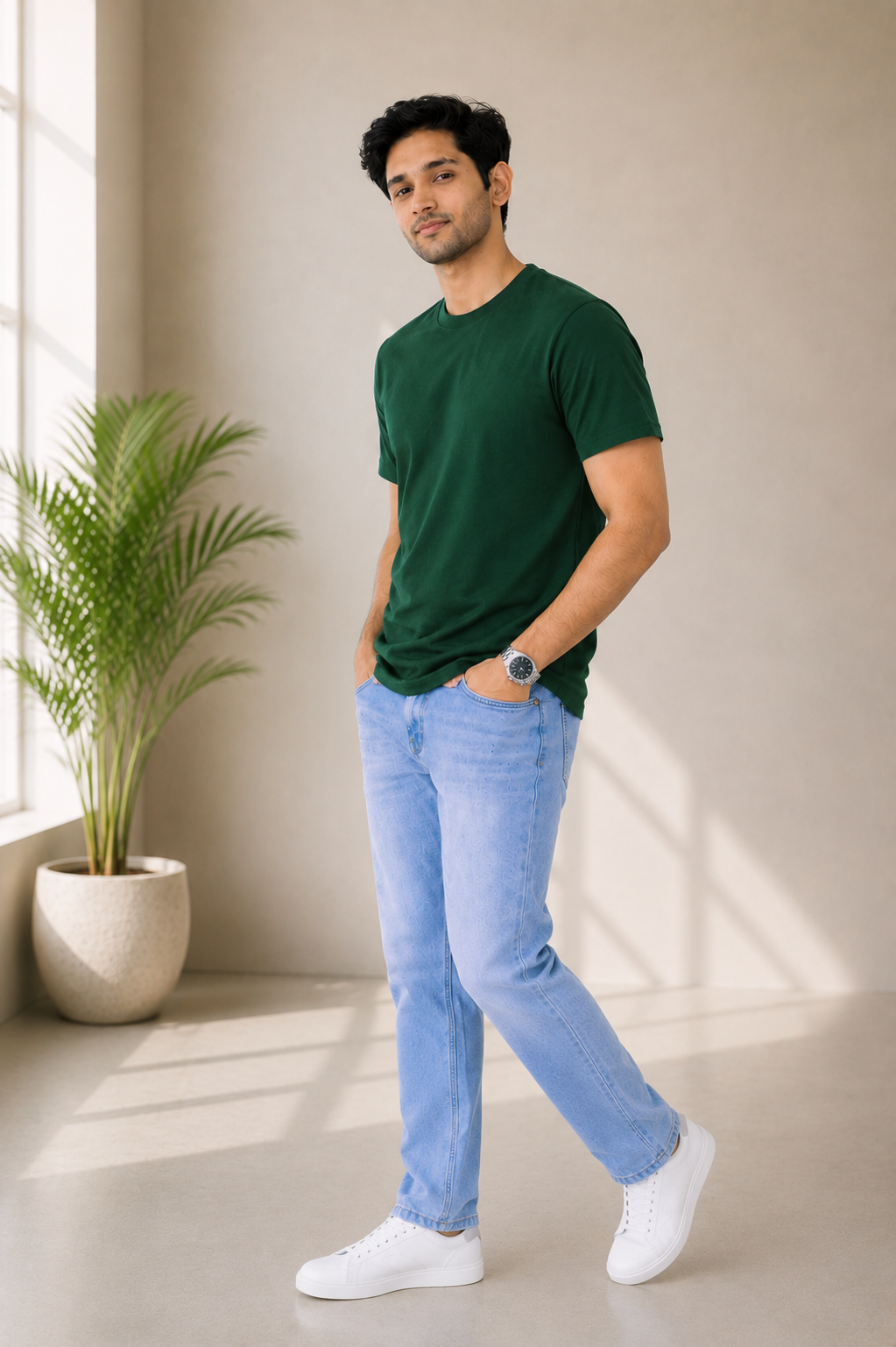 Men's 100% Cotton T-Shirt – Bottle Green | Bio-Washed Tee for Men