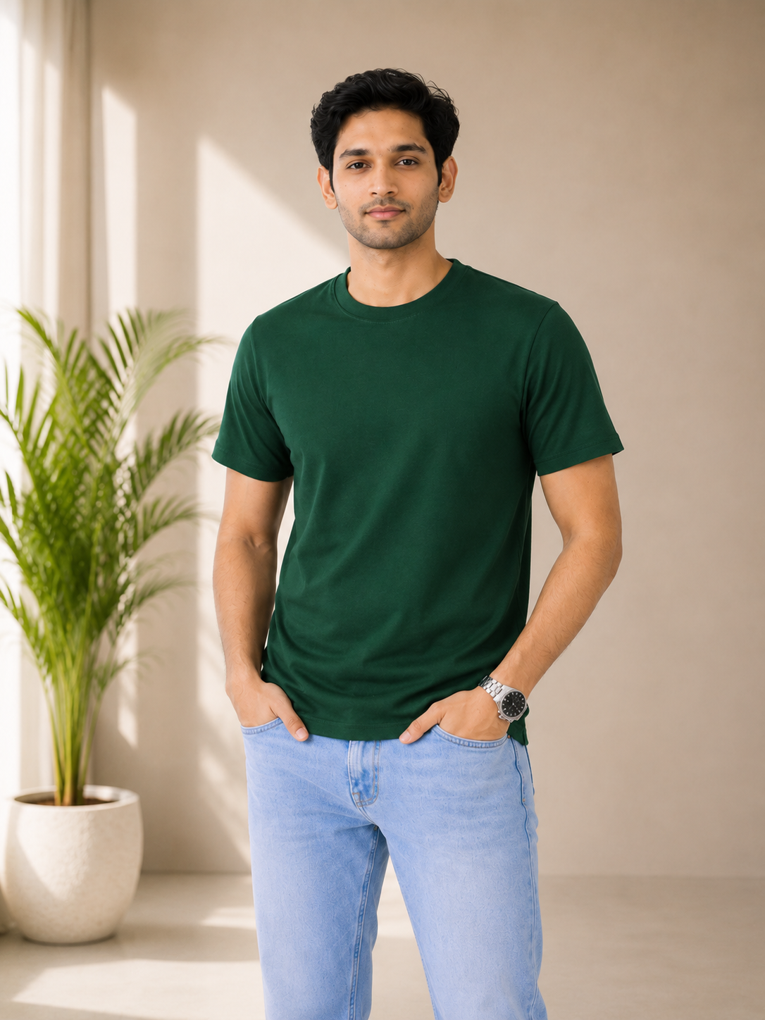 Man wearing a green t-shirt and light blue jeans standing indoors with a plant in the background
