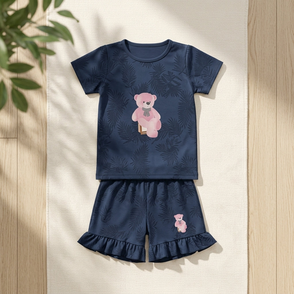 Girls Navy Blue Printed Set – Teddy Design | Stylish Ruffle Shorts