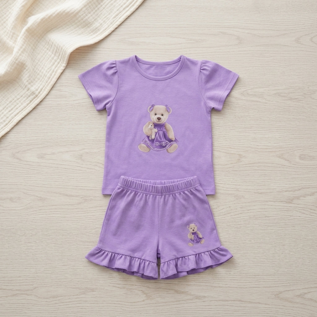 Girls Lavender Printed Set – Cute Teddy Print | Ruffle Shorts
