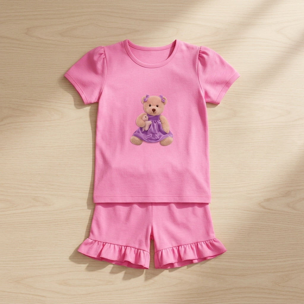 Girls Pink Printed Set – Cute Teddy Design | Stylish Ruffle Shorts