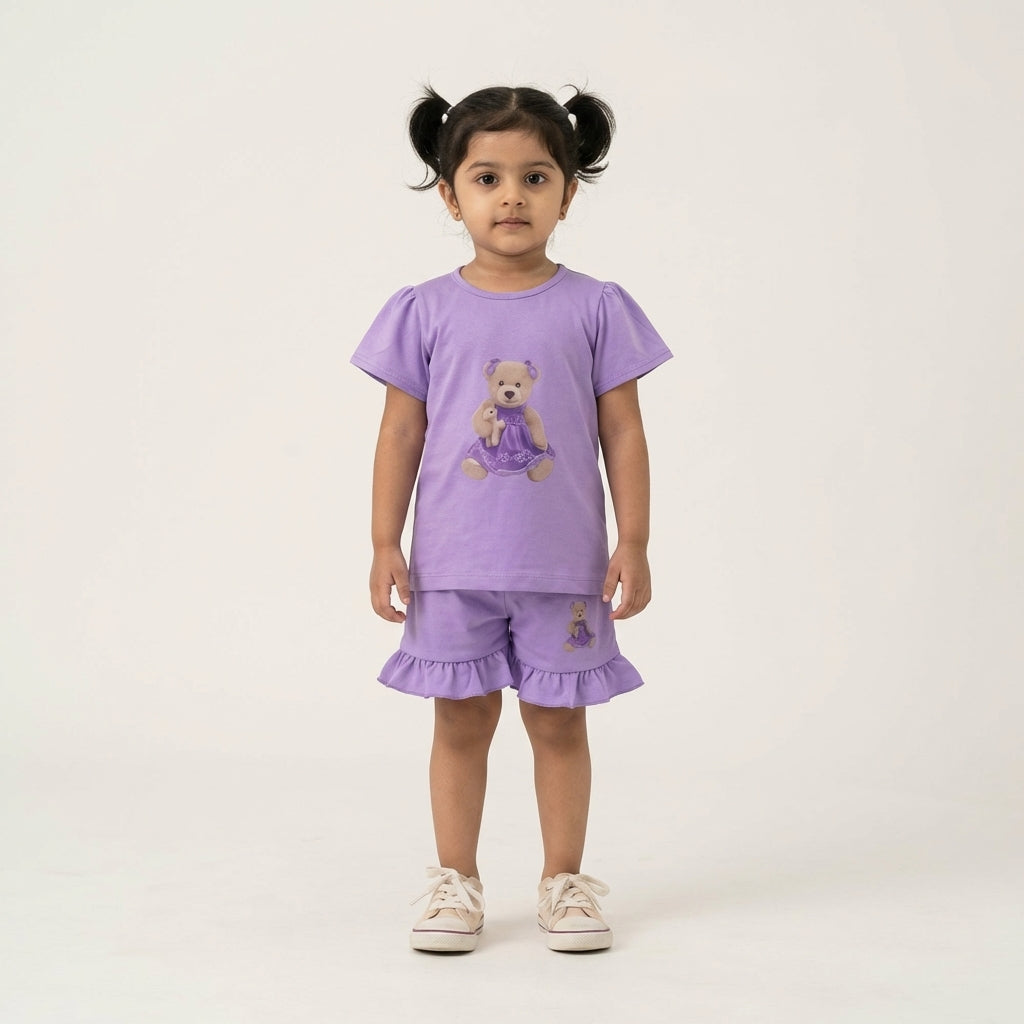 Girls Lavender Printed Set – Cute Teddy Print | Ruffle Shorts