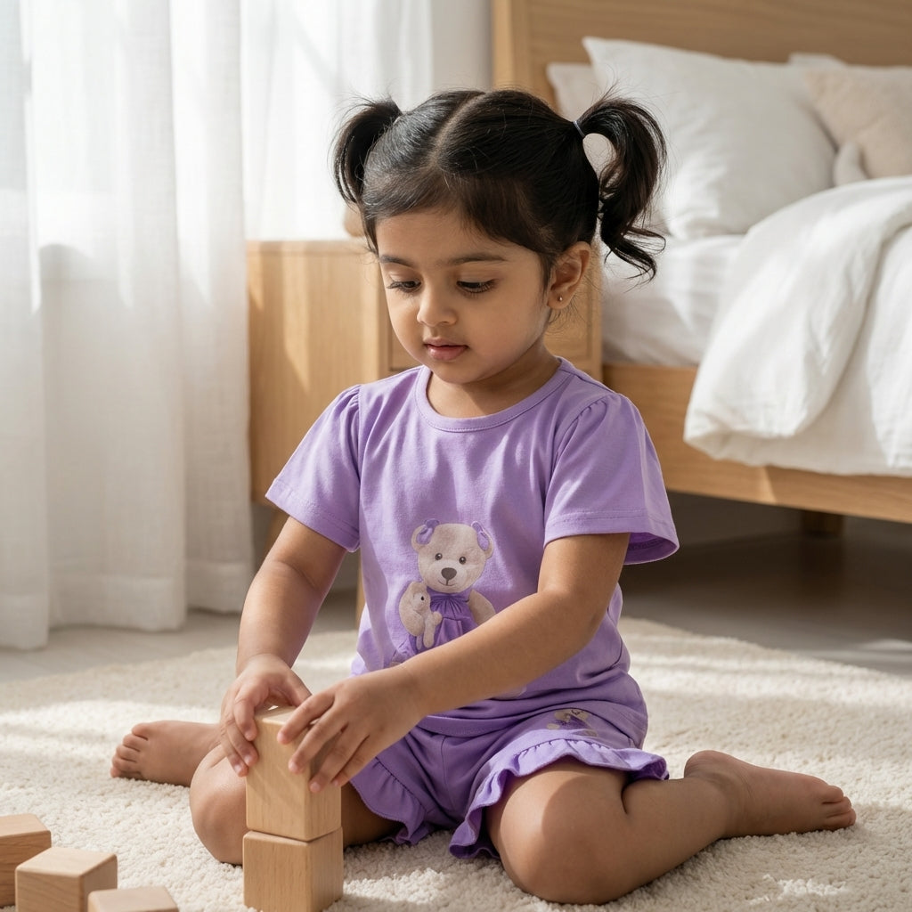Girls Lavender Printed Set – Cute Teddy Print | Ruffle Shorts