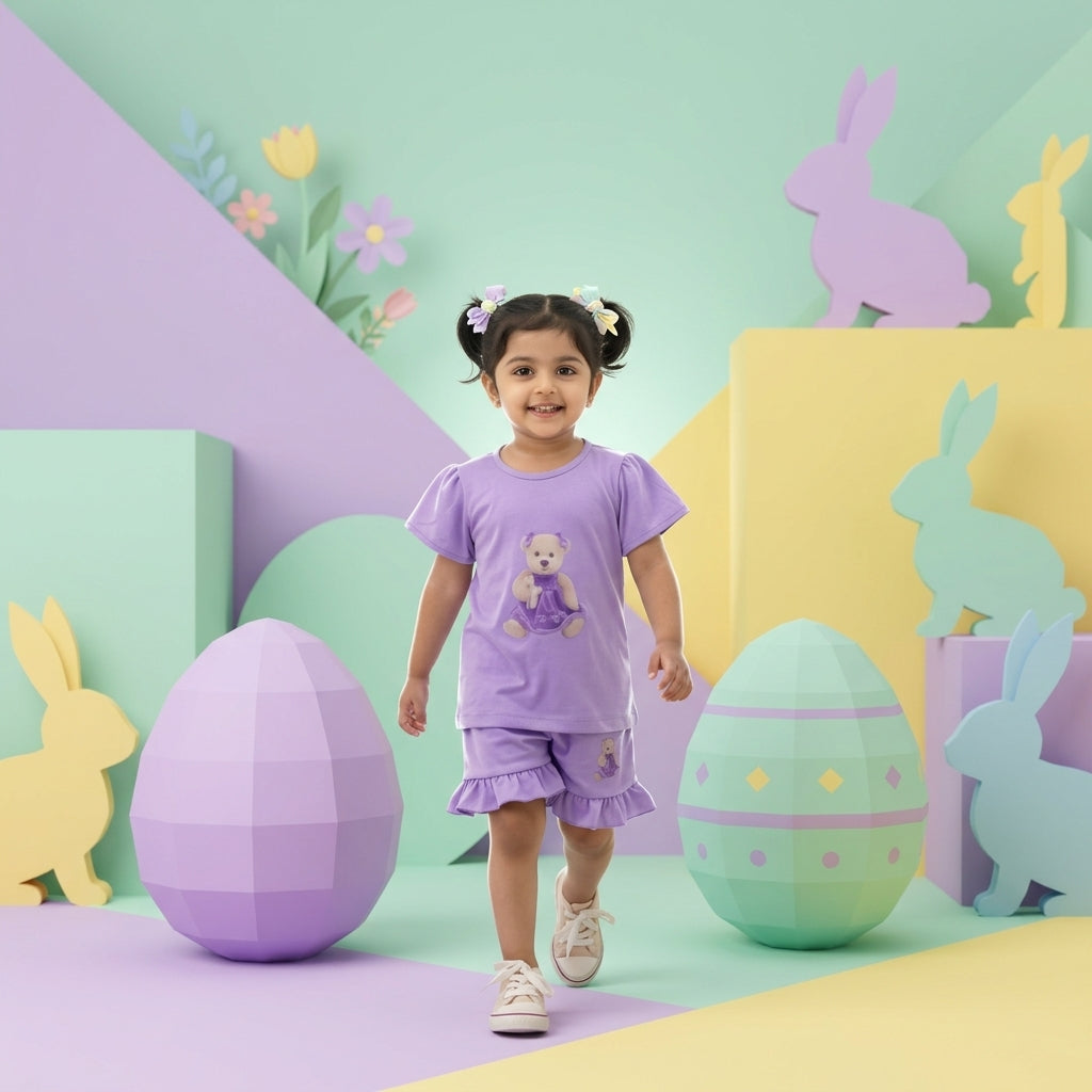 Girls Lavender Printed Set – Cute Teddy Print | Ruffle Shorts