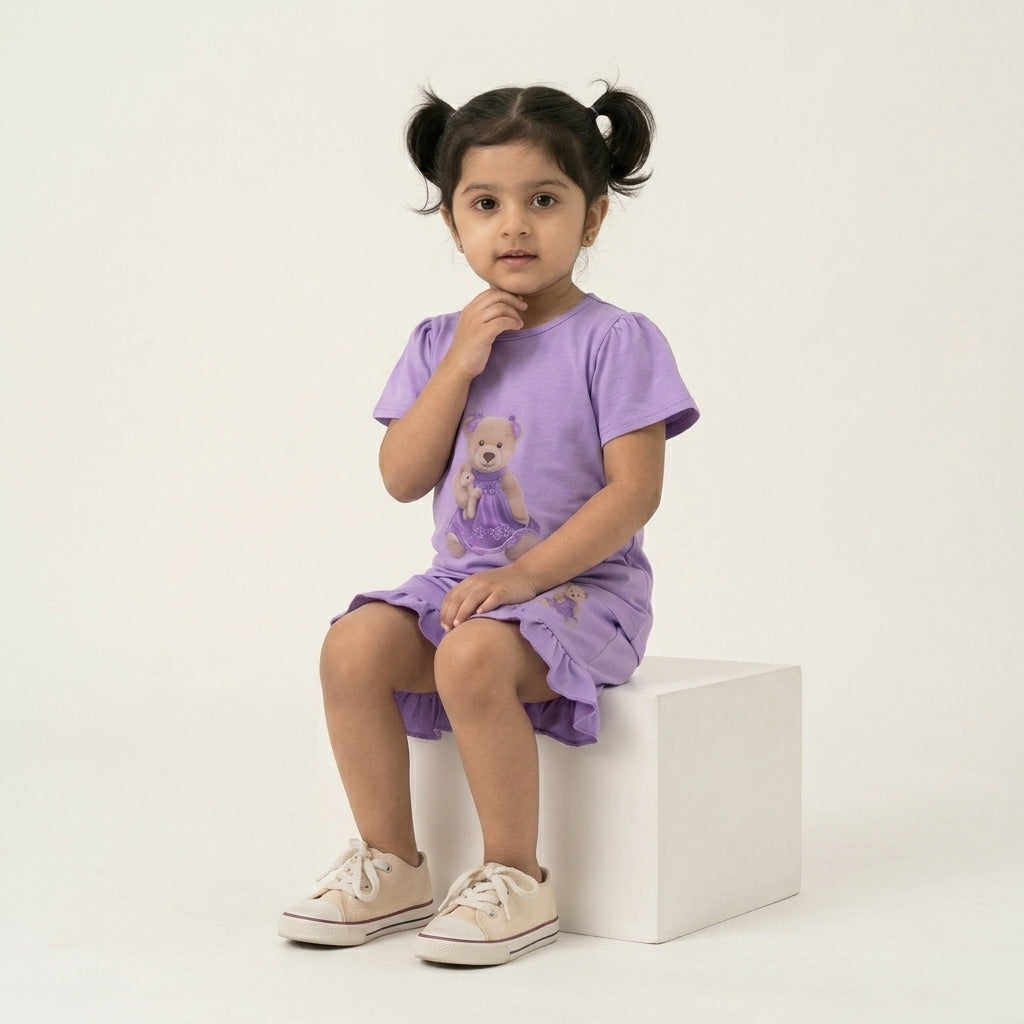 Girls Lavender Printed Set – Cute Teddy Print | Ruffle Shorts