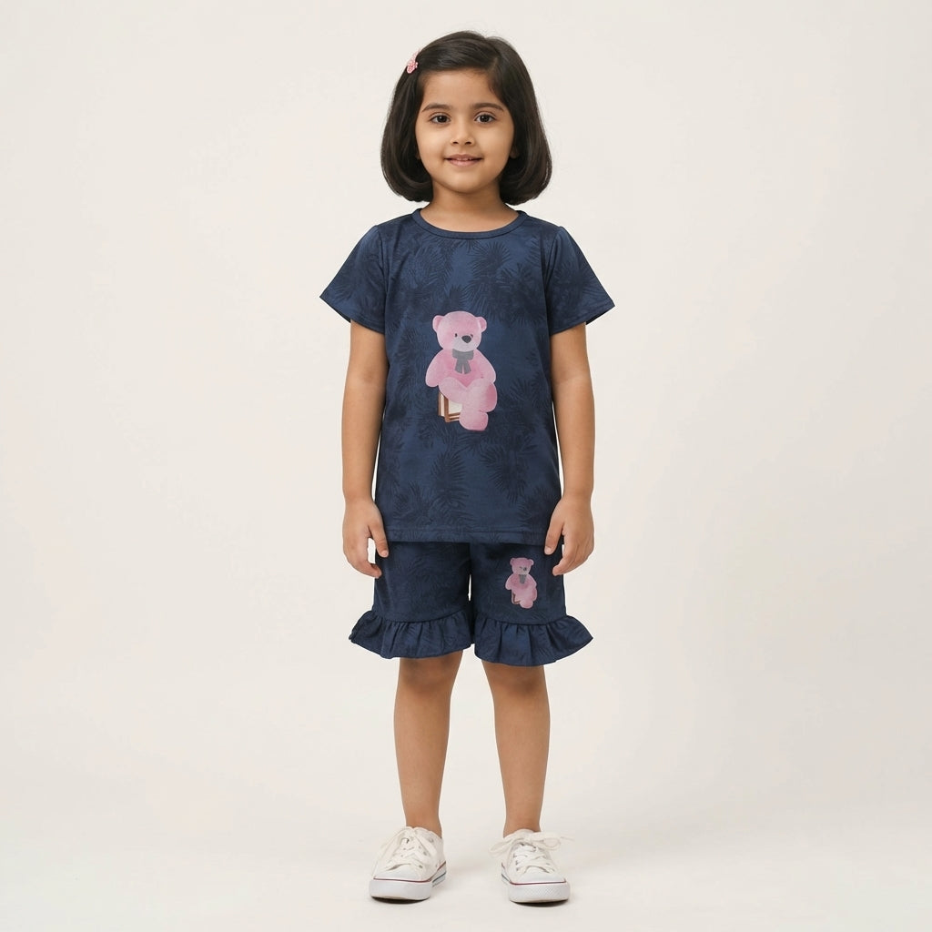 Girls Navy Blue Printed Set – Teddy Design | Stylish Ruffle Shorts
