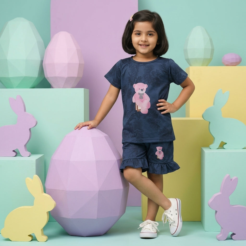 Girls Navy Blue Printed Set – Teddy Design | Stylish Ruffle Shorts